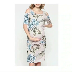 🆕 Hello Miz Maternity Gray & Blue Floral Cold-Shoulder Dress M🆕